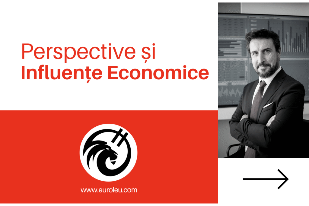 Imagine ilustrativă cu un consultant financiar profesionist, în costum negru, stând cu brațele încrucișate în fața graficelor de analiză economică, având în prim-plan logo-ul EuroLeu și mesajul “Perspective și Influențe Economice”, pe un fundal alb-roșu distinctiv ce reflectă analiza pieței muncii și a evoluției economiei românești din 2025.​