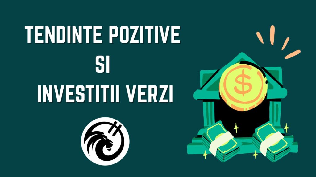 Grafica colorata cu sageti verzi indicand crestere sustenabila in economia europeana, pe fond verde inchis, cu document si checkmarks, monede aurii si simboluri financiare precum procent si dolari, integrand logo cu animal stilizat.