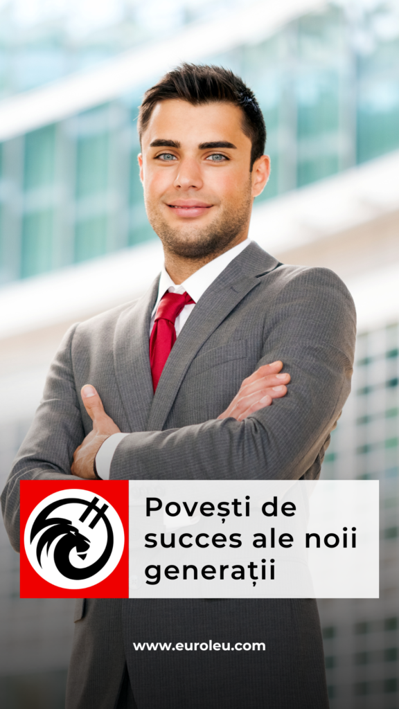 Bărbat în costum gri cu cravată roșie, brațe încrucișate, pe fundal de clădiri moderne; în partea de jos apare logo-ul Euroleu și textul „Povești de succes ale noii generații”, plus www.euroleu.com.