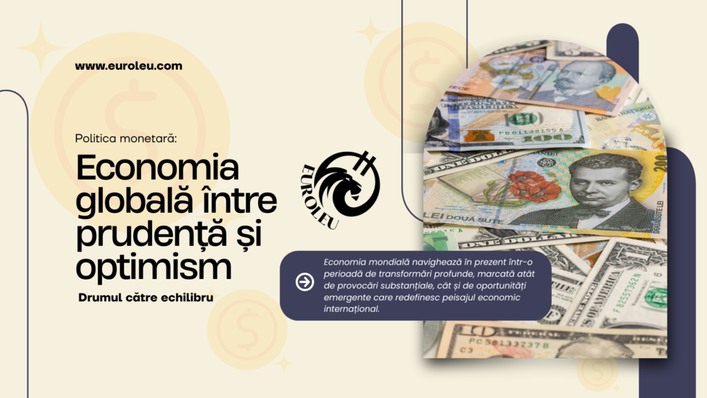 Infografic economic cu bancnote internaționale (leu românesc, dolar american, euro) și text "Economia globală între prudență și optimism: Drumul către echilibru" ilustrând diversitatea monetară și politicile financiare globale pe site-ul euroleu.com